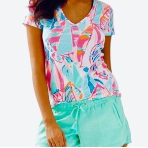 LILLY PULITZER V-Neck
"out to sea," Michele Top, turquoise and pink